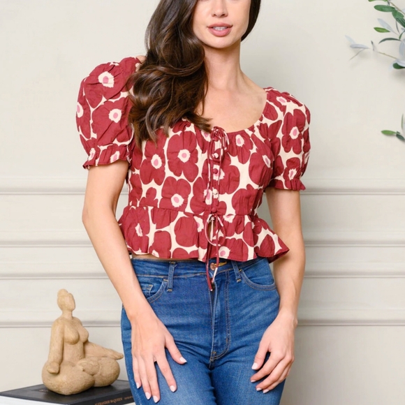 Jacquie The Label Boho Chic Burgundy Floral Puff Sleeves Top - Picture 3 of 5